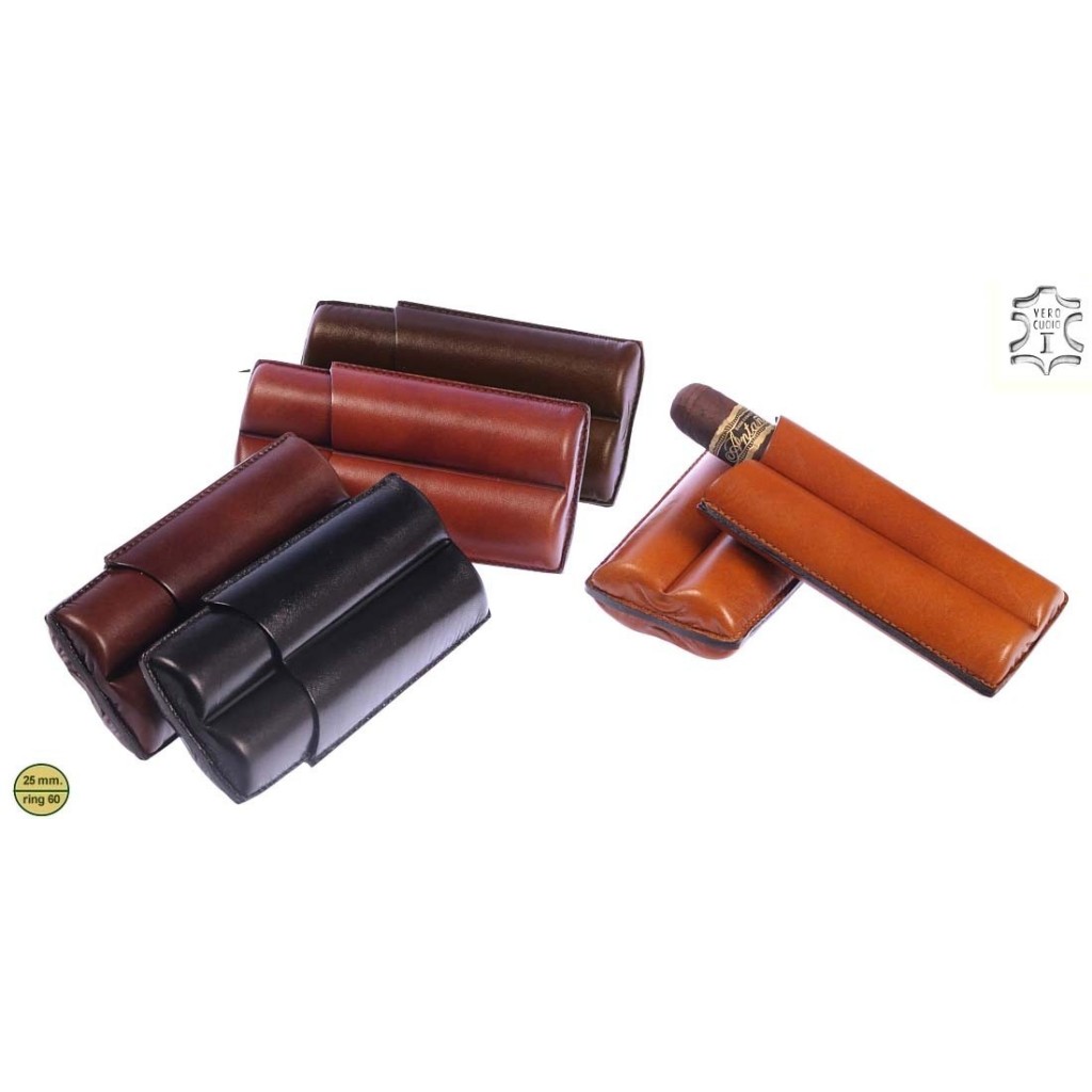 Fingered leather cigar case for 2 Double Robusto cigars